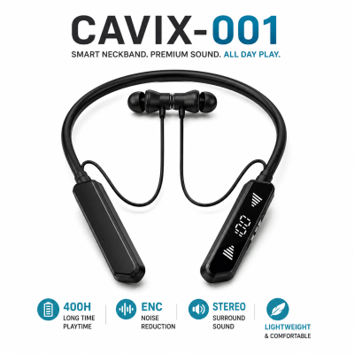 Cavix-001 Wireless Neckband Earphone – Bluetooth V5.4 In-Ear Headset with 400H Long Battery Life, ENC Noise Reduction, LED Digital Display & Voice Change Feature